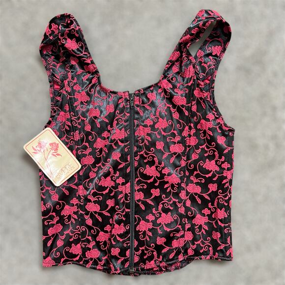 90s Empire Intimates Corset Top XL Red Brocade Black Floral Lace Up Lingerie New - Picture 4 of 8